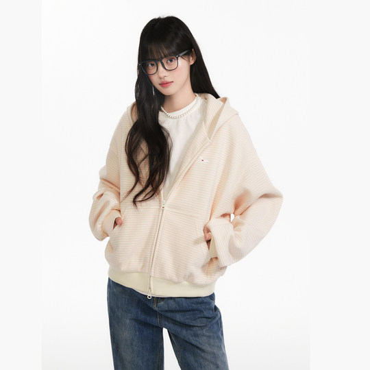King Prince autumn Korean style loose striped cardigan hooded sweatshirt women's casual long-sleeved jacket