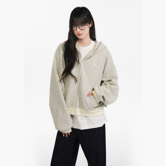 King Prince autumn Korean style loose striped cardigan hooded sweatshirt women's casual long-sleeved jacket