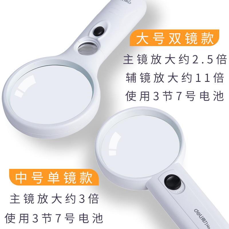 deli得力添耀专卖店得力儿童放大镜高清带LED灯便携式放大镜老人学生阅读镜带灯手持放大镜鉴定光学手机维修放大镜2