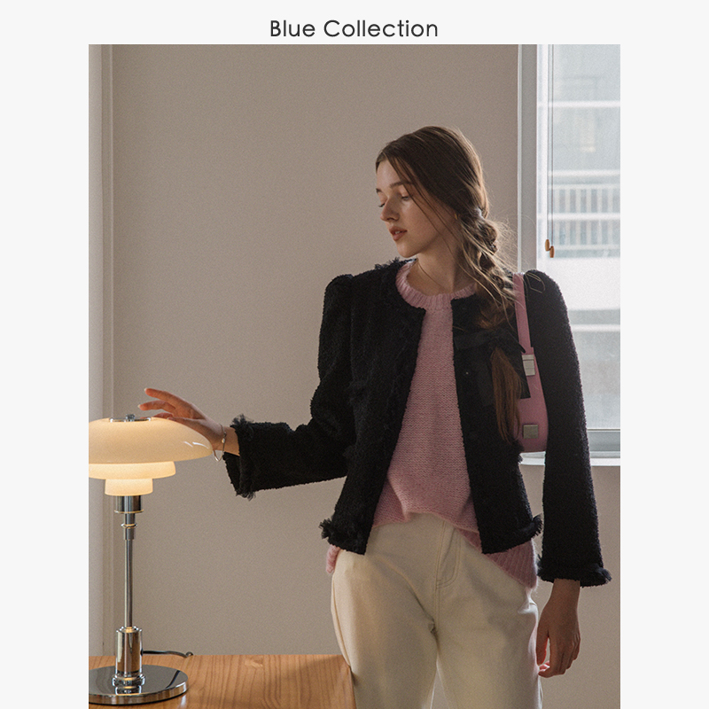 BLUE COLLECTION 臻选挚爱马海毛 圆领半袖毛衣女温柔复古针织衫