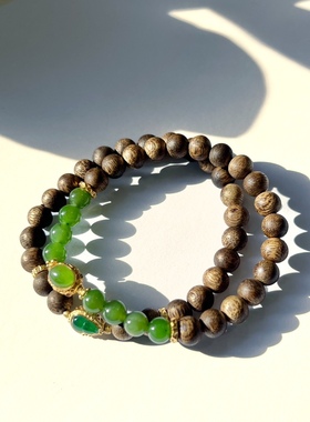 天然奇楠沉香手串和田玉石碧玉正阳绿女款925银手链母亲节礼物