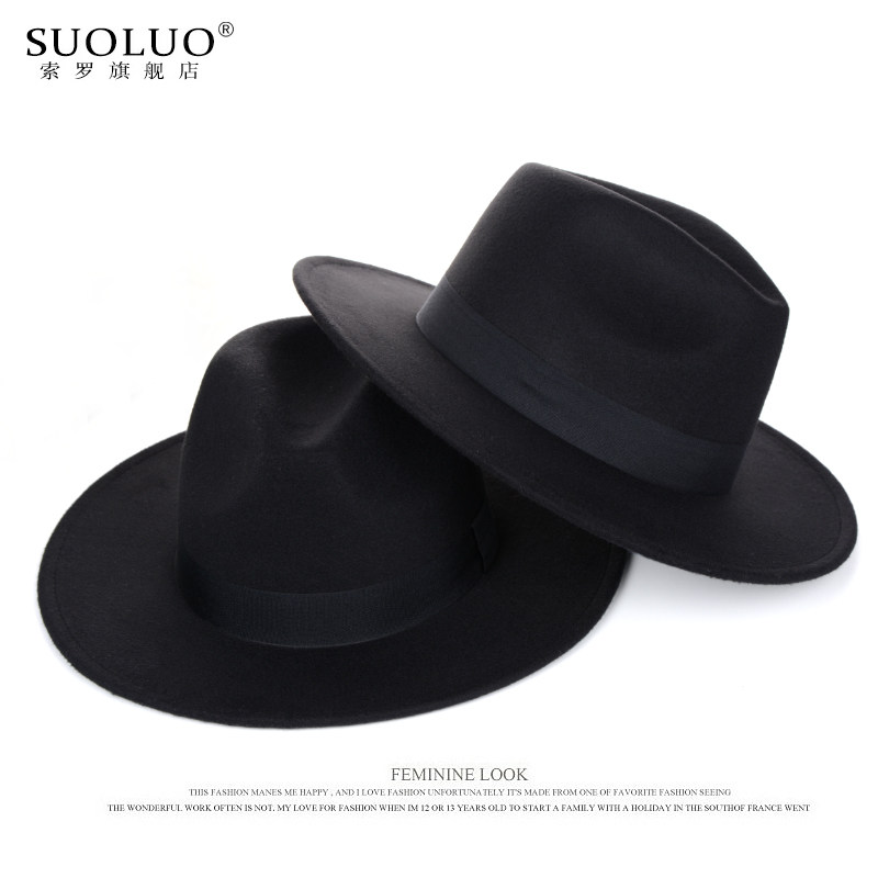黑色英伦宽檐礼帽秋冬季女士爵士帽大檐男上海滩帽毛呢绅士大毡帽,淘宝优惠券,粉丝福利购,淘宝优惠卷