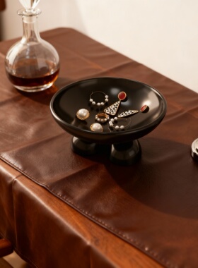 侘寂风实木小圆茶几收纳托盘