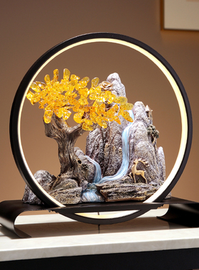 新中式高山流水发财树摆件高档客