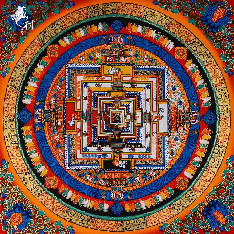 藏村手绘坛城唐卡装饰画棕色实木画框正方形木质相框玄关客厅挂画 - 图3