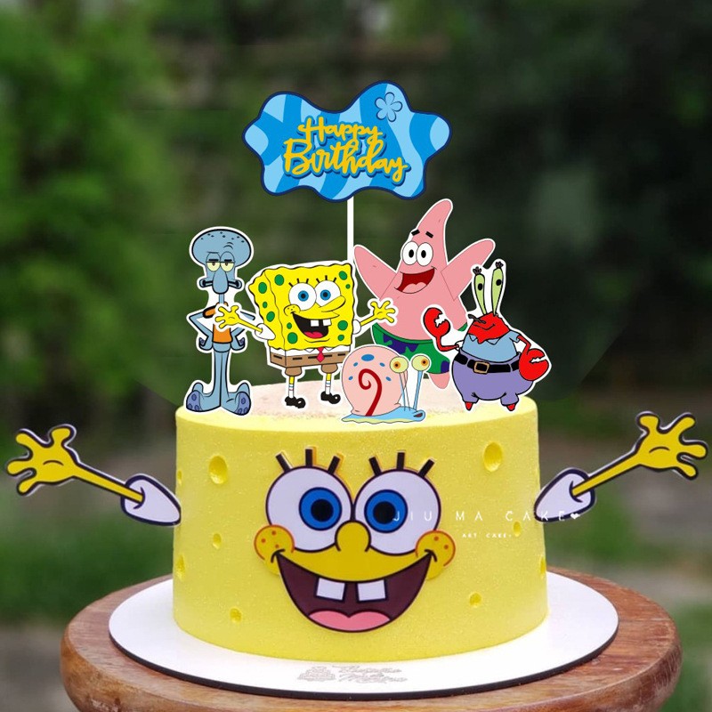 海绵宝宝生日蛋糕装饰摆件派大星章鱼哥公仔卡通儿童派对甜品台