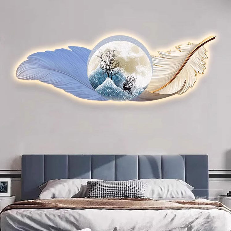 壁灯天鹅床头画卧室装饰画轻奢高级感客厅挂画主卧羽毛灯光画壁画,淘宝优惠券,粉丝福利购,淘宝优惠卷