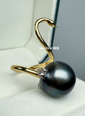 巨大13-15mm天鹅大溪地强光近圆钢琴黑戒指可调节