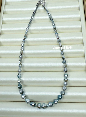 野生天然无核大溪地Keshi项链串珠海水珍珠强光铂金灰