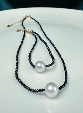 一物一拍极光正圆无瑕天然珍珠黑尖晶Choker项链锁骨链手链套装