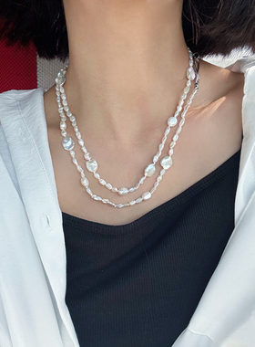 一物一拍多功能超长极光无核碎银子花瓣天然珍珠项链毛衣链手链