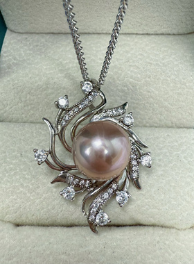 镜面极光粉色正圆爱迪生钢炮天然淡水珍珠吊坠