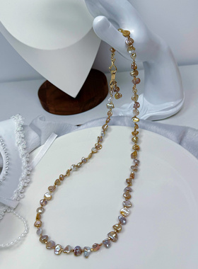 绿光炫彩无核碎银子天然淡水珍珠项链毛衣链多功能