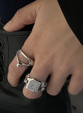 戒指钟表镀银时尚嘻哈复古韩版女重工食指戒数字罗马开口指环S925
