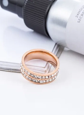 娜新款若时尚指环钛钢镶钻戒指玫瑰金女简约情侣双排大气锆石