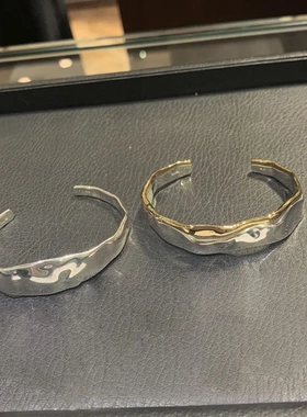 925纯银平面凹凸重工双层2020新款复古手镯女ins冷淡风宽版做旧