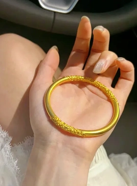 古法紫荆花卷草纹手镯女复古国风金色雕花素圈手环送女友妈妈礼物