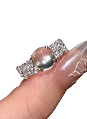 水沫玉排钻女玉石冰月国风戒指闭口S925纯银锆石新中式新中式蛋面