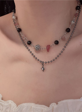 天然石圆环吊坠双层中古手作项链女小众复古竹节锁骨链民族配饰