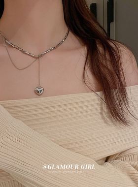 金属冷淡风爱心方块流苏项链韩国小众设计感颈链锁骨链气质项饰女