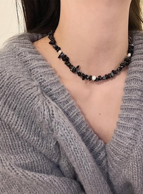 小众文艺黑色不规则水晶石珍珠项链 叠戴choker颈链中性冷淡风ins