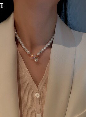 2023新款珍珠项链法式复古优雅气质锁骨链OT扣颈链女小众设计颈链