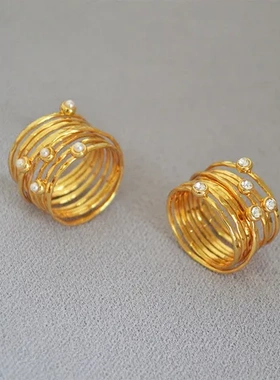 纹理镶钻戒指缠绕超美女手工锤绕线复古珍珠鸟巢法式多层食指戒打