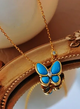 项链时尚欧美时尚项链锁骨链蝴蝶耳环蝴蝶蓝色精致精工轻奢女耳环
