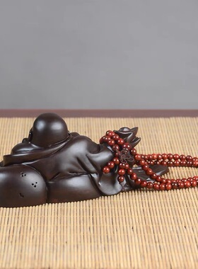 黑檀木雕弥勒佛像汽车摆件红木工艺品大肚笑佛车载佛珠饰品保平安