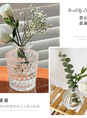 外贸轻奢浮雕玻璃花瓶透明in风插花摆件高颜值中古小花瓶