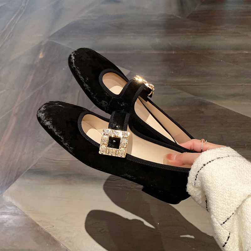 法式方头水钻玛丽珍鞋女芭蕾舞鞋2025新款气质单鞋扣带平底丝绒鞋 - 图1