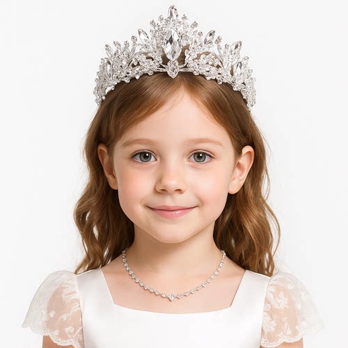 高端皇冠头饰儿童公主生日儿童女神婚纱花童女童水晶水钻演出王冠 - 图0