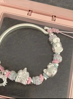 足银999卡通kitty猫半镯编绳手链
