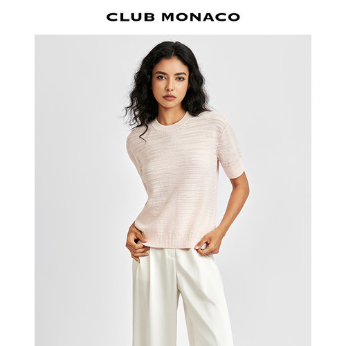 CLUB MONACO女装透气竹节棉圆领宽松温柔气质短袖T恤 - 图1