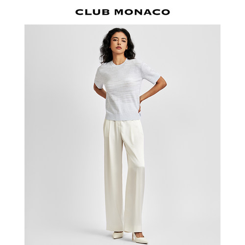 CLUB MONACO女装透气竹节棉圆领宽松温柔气质短袖T恤 - 图0