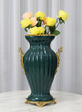 欧式奢华陶瓷配铜花瓶花插花器摆件客厅样板房别墅铜包瓷软装摆设