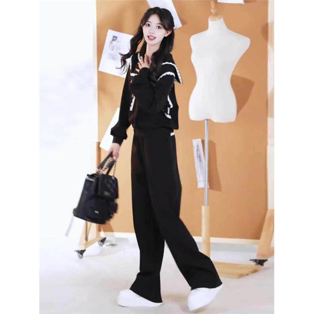 秋季新款套装休闲运动风女海军领长袖卫衣阔腿裤两件套高级感女装,淘宝优惠券,粉丝福利购,淘宝优惠卷