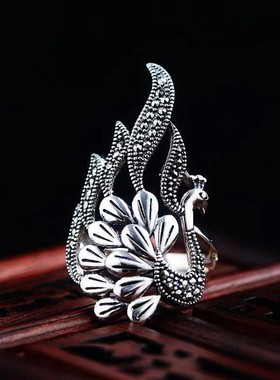 国潮孔雀招财转运戒指S925纯银复古风指环开口女食指时尚小众轻奢