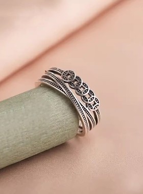 S925纯银招财转运五帝钱钱币戒指女食指复古风指环小众百搭可调节