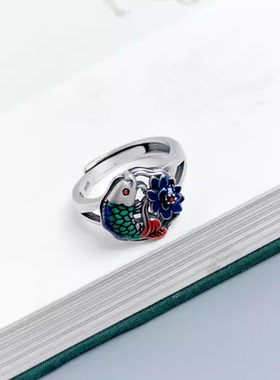 纯银招财转运彩色烧蓝珐琅锦鲤莲花戒指古装汉服旗袍宫廷饰品开口