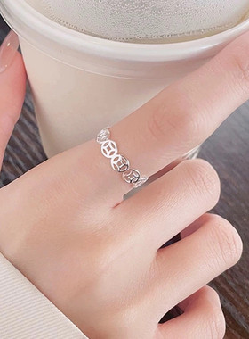 S925纯银招财转运如意铜钱戒指复古百搭简约素款食指环女款可调节