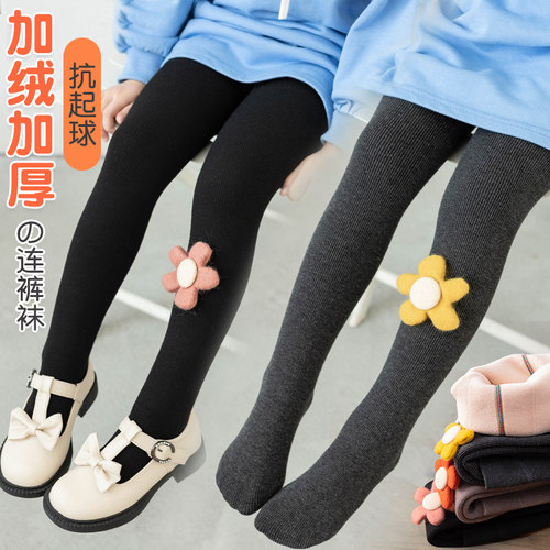 5儿童加绒打底裤女童秋冬连裤袜加厚绒宝宝连脚袜3 6 8 9岁保暖裤 - 图1