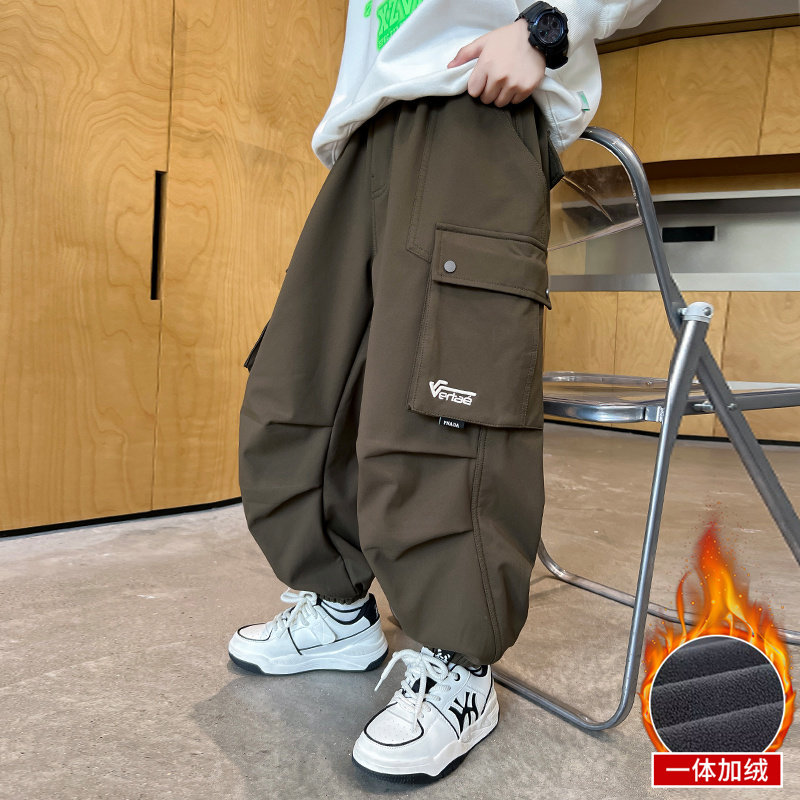 男童工装裤加绒2024秋冬新款中大童潮酷加厚束脚裤儿童一体绒裤子,淘宝优惠券,粉丝福利购,淘宝优惠卷