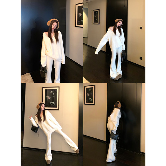 Skk Store淡颜天菜软糯针织V领上衣慵懒设计感毛衣休闲裤套装女秋