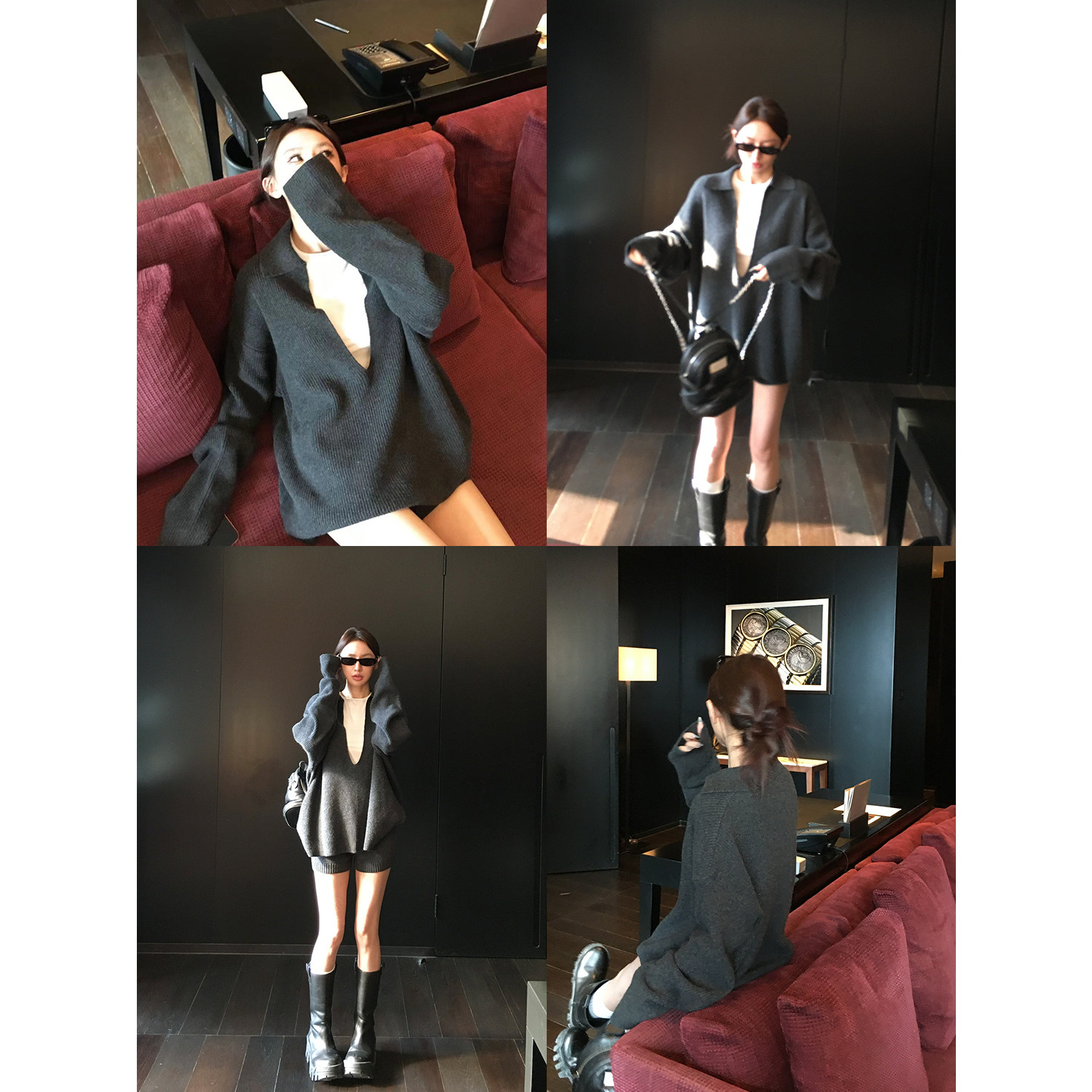 Skk Store 自在起居 松弛感羊毛大V领坑条针织衫短裤休闲套装女秋