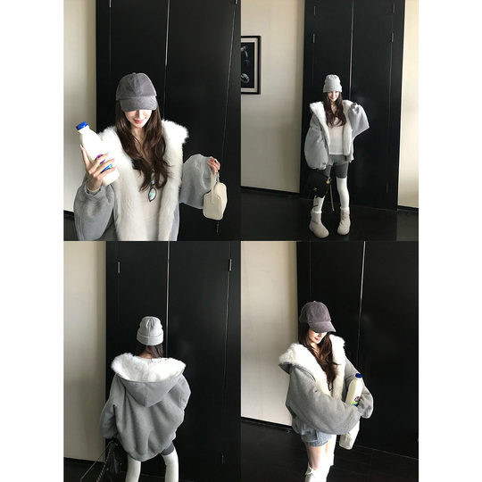 Reversible faux fur warm hooded sweatshirt jacket