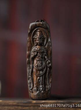 沉香木牌子站姿观音牌车挂件车载文玩手把件雕刻工艺品饰品