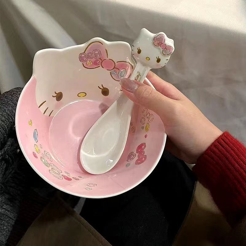 五和hellokitty粉色卡通儿童吃饭专用碗小女孩饭碗三丽鸥宝宝餐具