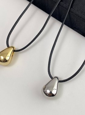 极简冷淡风金属水滴黑皮绳项链