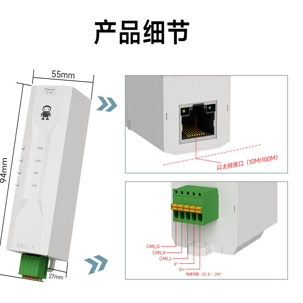 CAN-BUS总线转RJ45以太网转换器高性能双向透传隔离通讯网关工业
